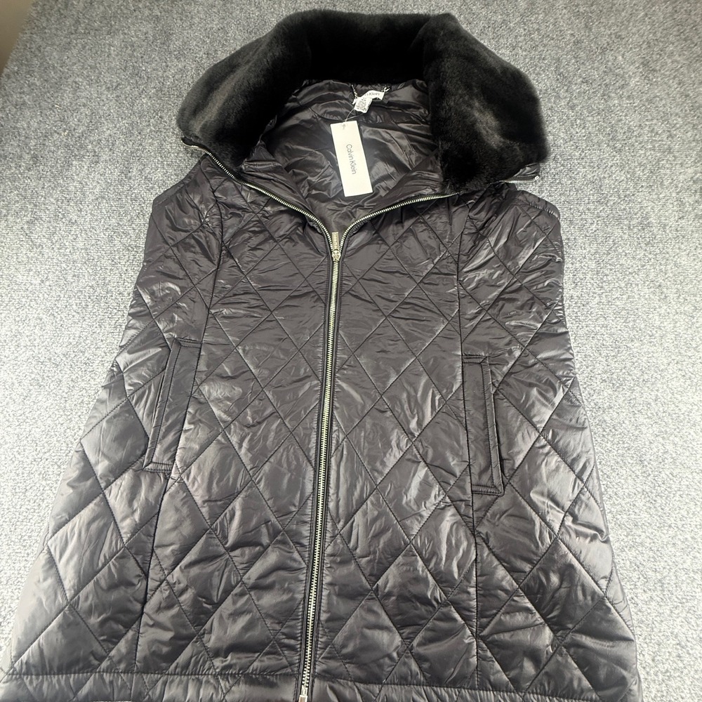 Calvin Klein Womens Black Quilted Puffer Vest Faux Fur Collar Size Large NEW